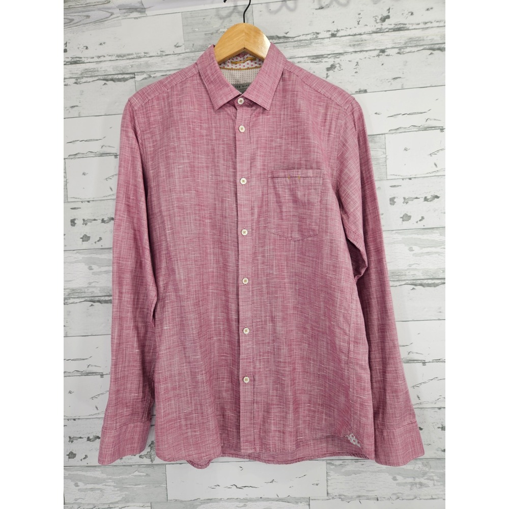 Ted Baker London Red Micro Check Cotton Linen Roll Tab Button Down Shirt Size 3